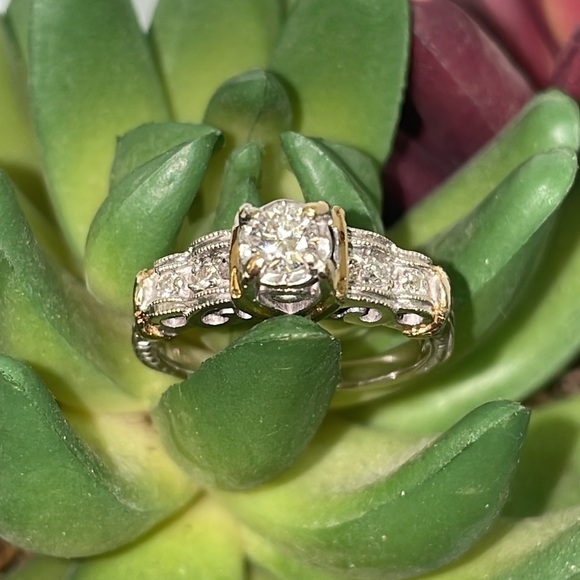 Solid 14K White Yellow Gold Natural Diamond Antique Engagement Ring - Picture 3 of 17